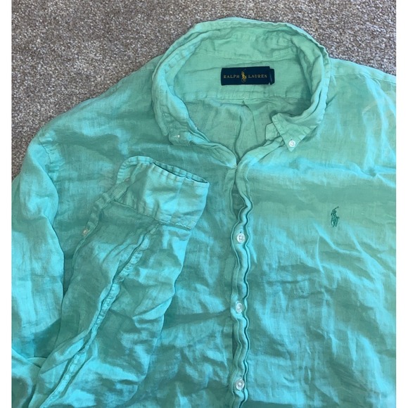 Polo Ralph Lauren Shirt Men Large Green Floral Linen Camp Hawaiian Tropical Prep - Picture 1 of 12
